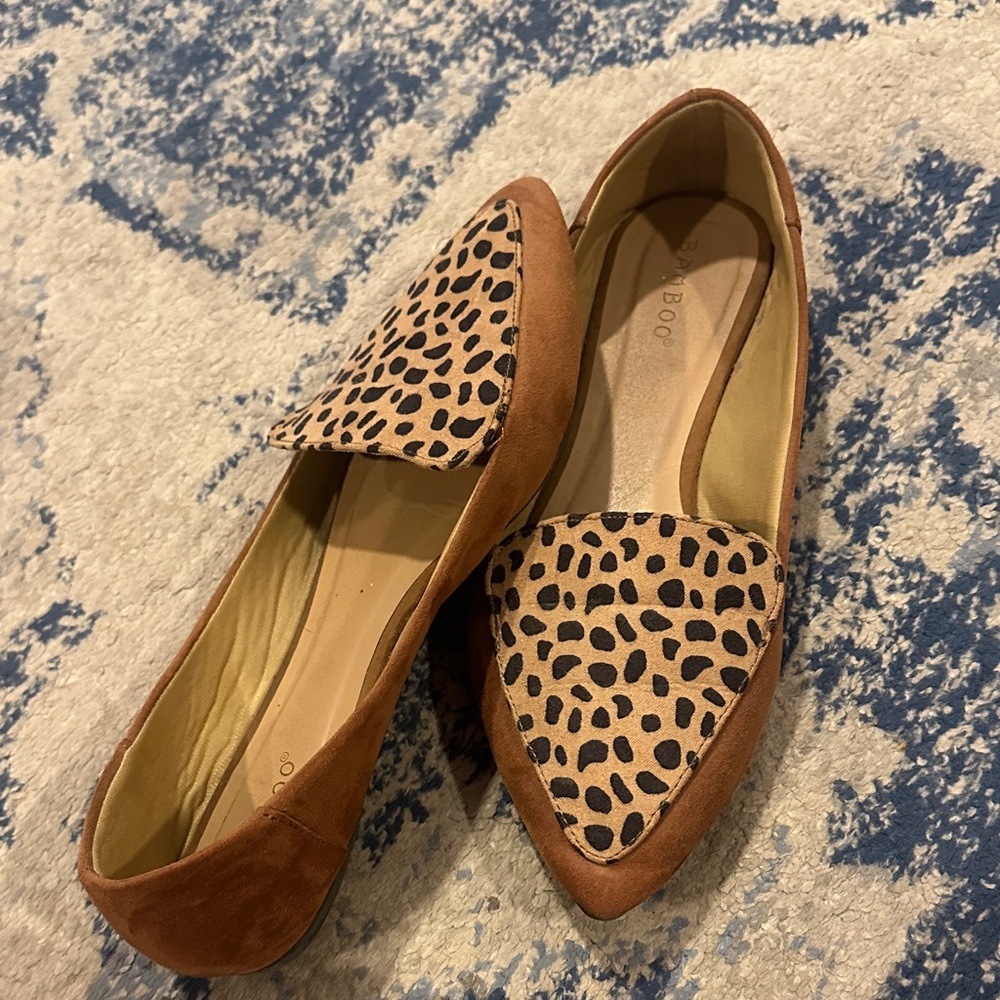 BAMBOO Tan Suede Leopard Print Pointed Toe Flats